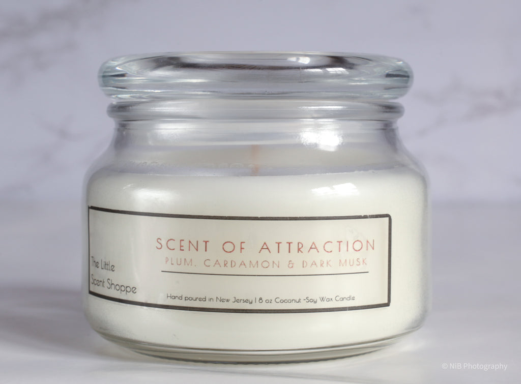 The Little Scent Shoppe Coconut Soy Blend Wax Candle_Scent of Attraction 9oz candle has masculine notes of:  Citrus, Ozone, Plum, Cardamom and Dark Musk