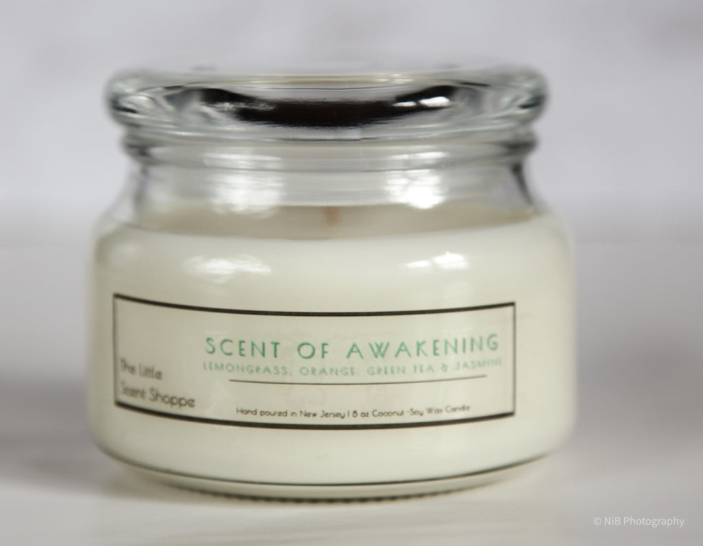 The Little Scent Shoppe Coconut Soy Blend Wax Candle_Scent of Awakening 9oz candle has refreshing notes of:  Lemongrass, Orange, Green Tea and Jasmine
